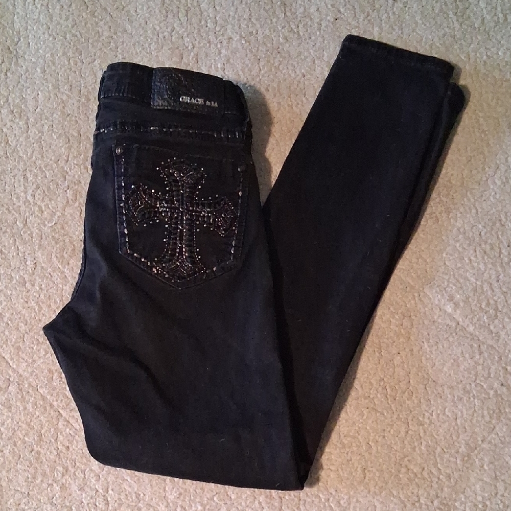 Grace in LA Women's Black Skinny Jeans with Cross Detail